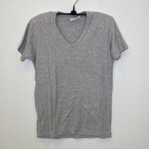 Bonkers Vintage Gray Womens’s V-Neck Ribbed Short Sleeve T-Shirt Cotton EUC Sz S